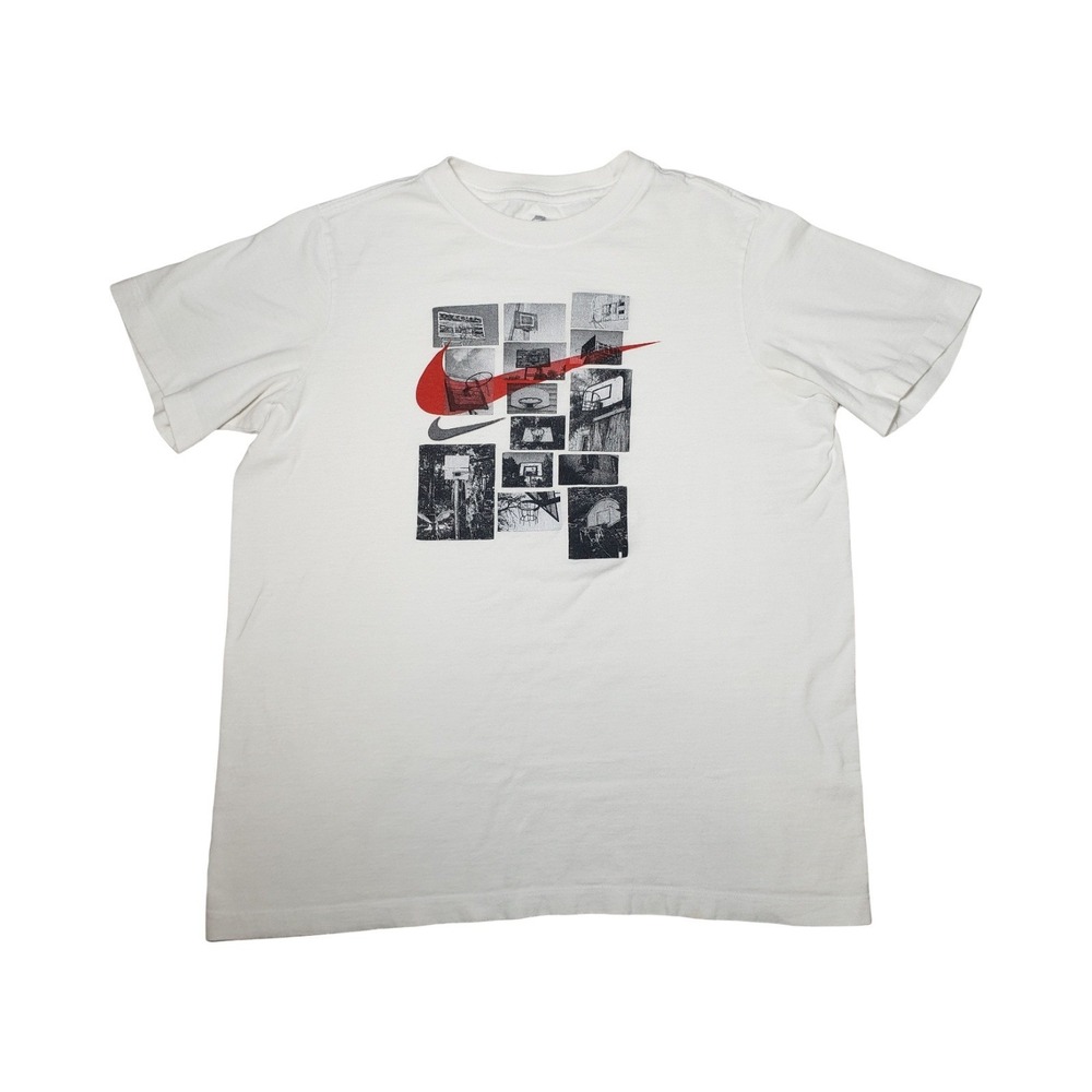 Nike Basketball Graphic T-Shirt White Red Swoosh Hoop Collage Mens XL